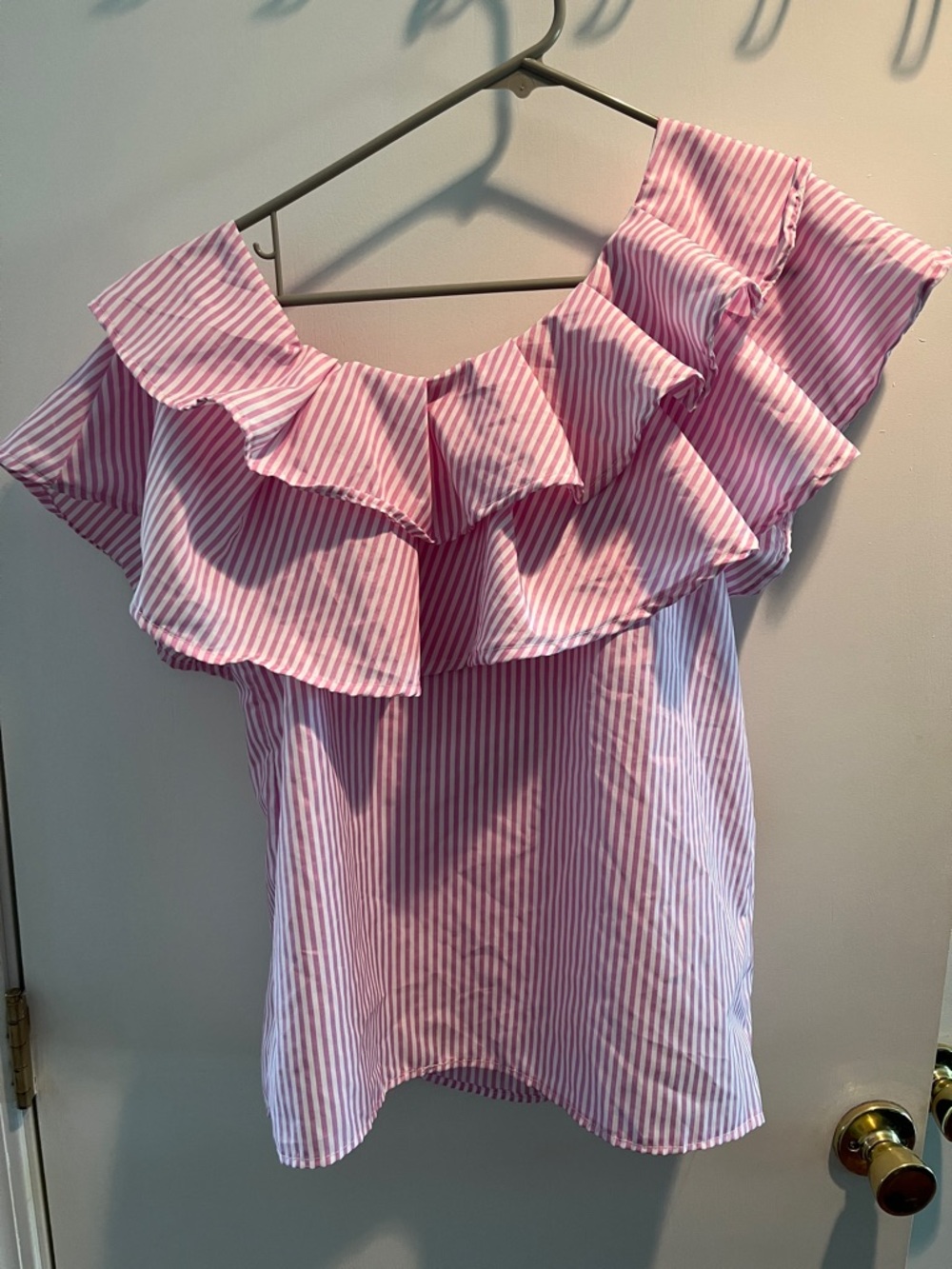 Source Unknown Pink Striped Off-Shoulder Ruffle Blouse
